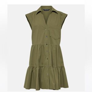 Veronica Beard Olive Green Button-Front Tiered Mini Dress